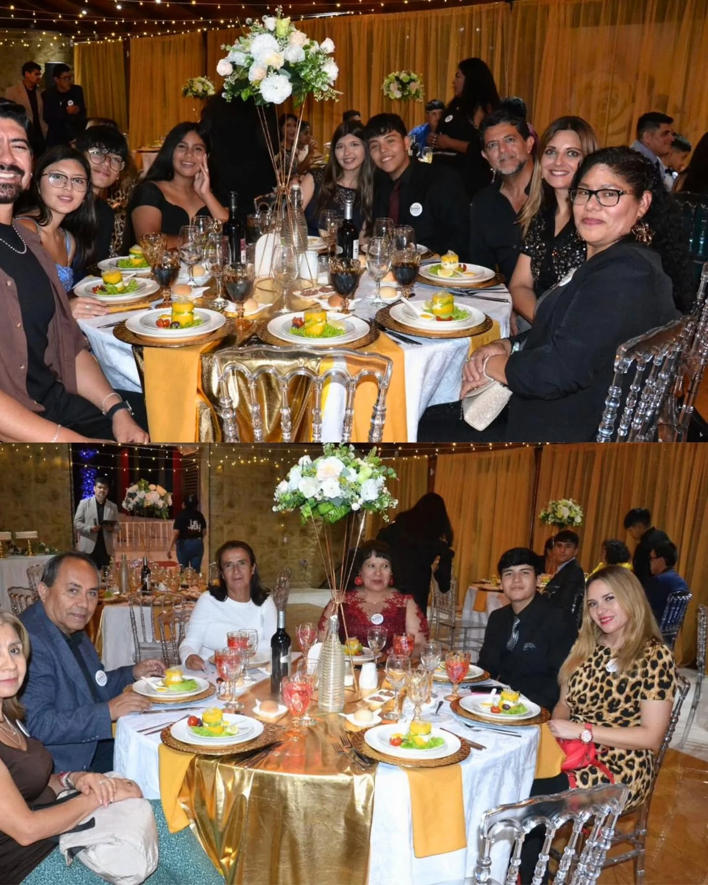 Invitados en celebración con mesas decoradas y banquetería